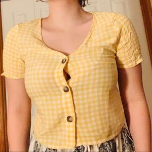 Gingham Yellow Crop Top Button Up Blouse